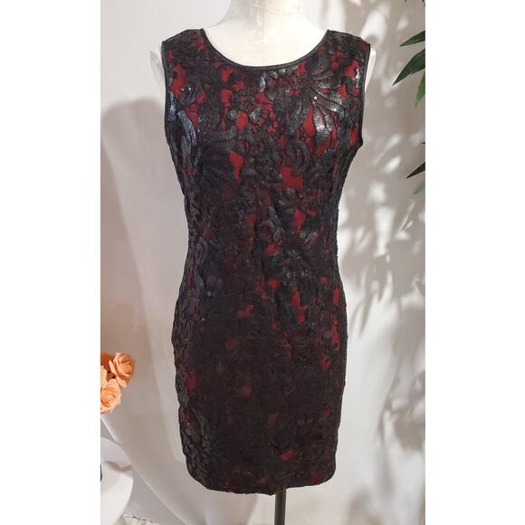Cache Dresses & Skirts - Vtg Cache Mesh Lace Overlay Sequin Sheath Dress Size 8 Black Red Gothic Vamp